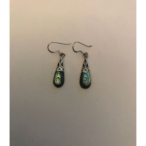 New~Lovely Iridescent Genuine Abalone Shell Dangle Earrings~925 Sterling Silver - Picture 1 of 3